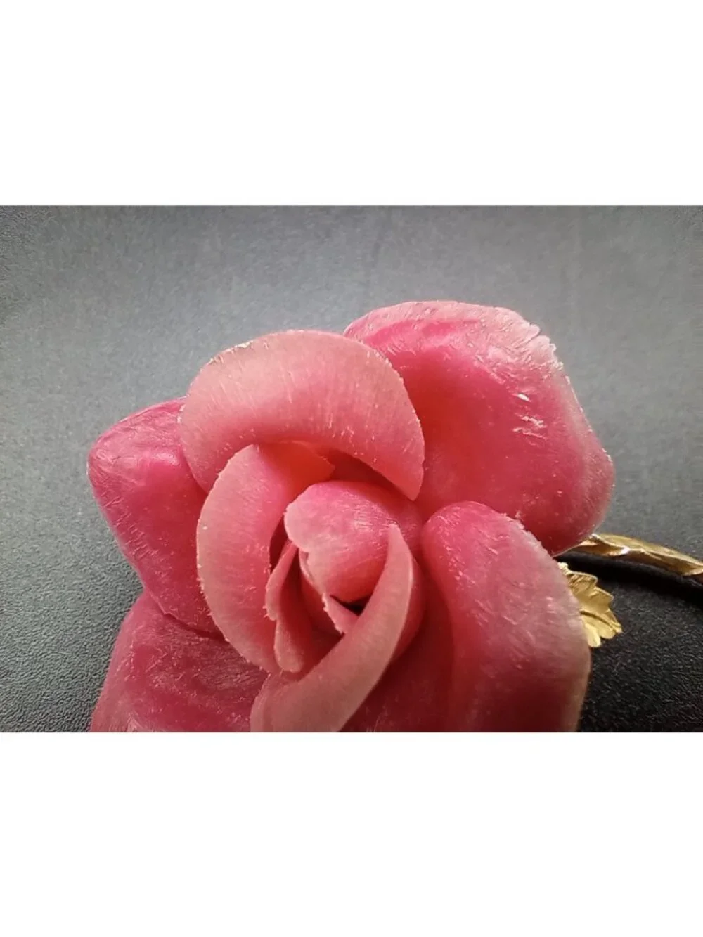 Vintage Pink Rose Brooch Pin Gold Tone Stem Leaves Signed BARI 3.25
